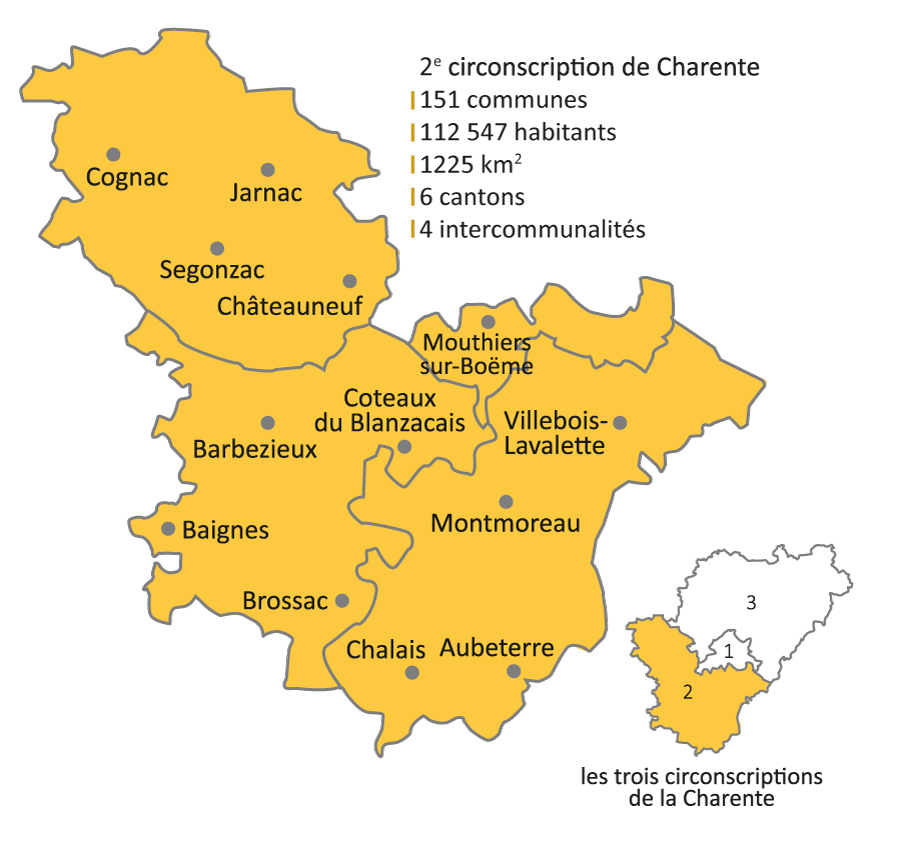 Carte de la 2ème circonscription de la Charente en 2019 (communes, cantons, intercommunalités)
